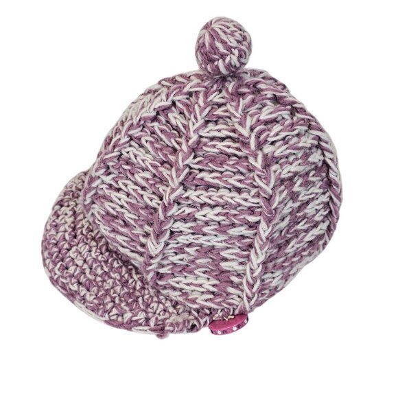 Ladies OS Fall Winter Warm Cozy Cable Knit Wool Riding Cap Purple White Pom Pom - Picture 1 of 16